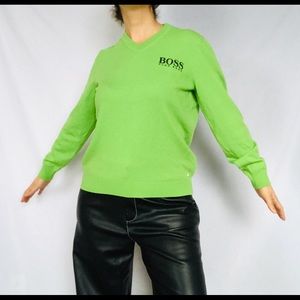 ✅ Boss Hugo Boss 💚 lime green colour V-neck 100% wool knit sweater/pullover